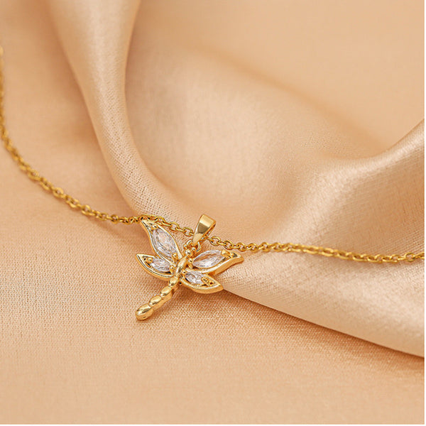 14K Gold Plated Zircon Dragonfly Necklaces