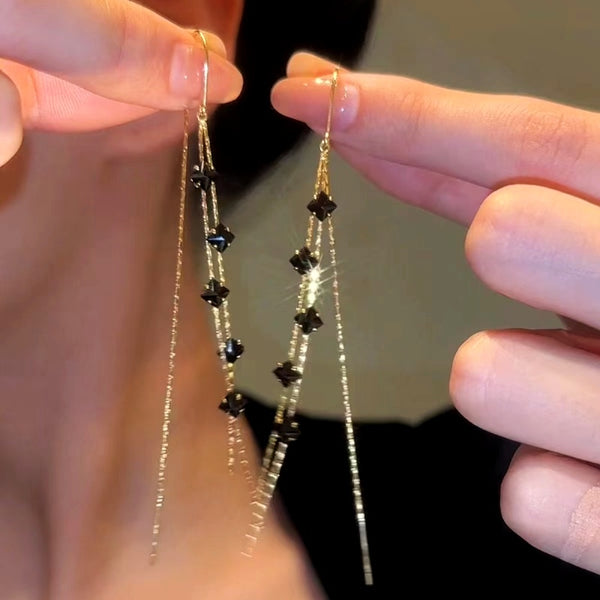 14k Gold-Plated Black Zircon Crystal Long Threader Tassel Earrings