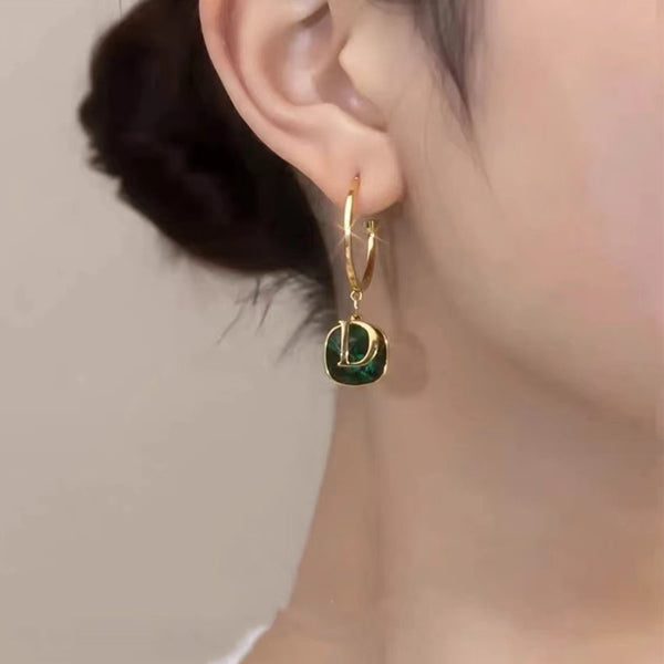 14K Gold-plated Luxury Green Daimond D Letter Earrings