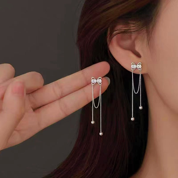 Silver Post Bow Tassel Earrings