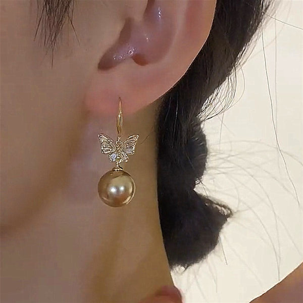 14K Gold-plated Butterfly Pearl Earrings