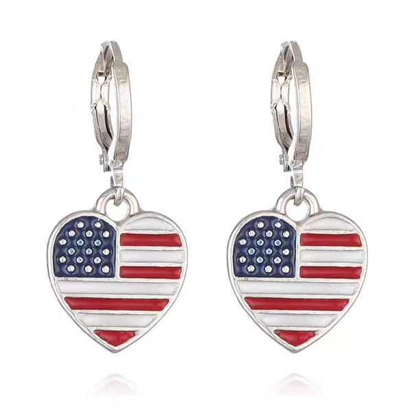 Silver Post Memorial Day American Flag Love Heart-Design Earrings