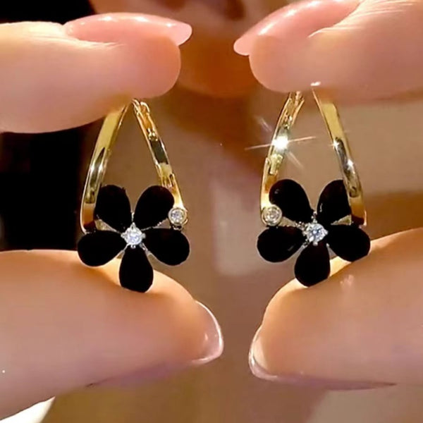 14K Gold-Plated Zircon Black Flower Earrings