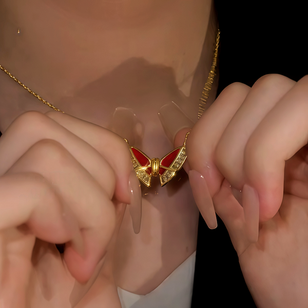 14K Gold-Plated Magnetic Red Butterfly Necklace