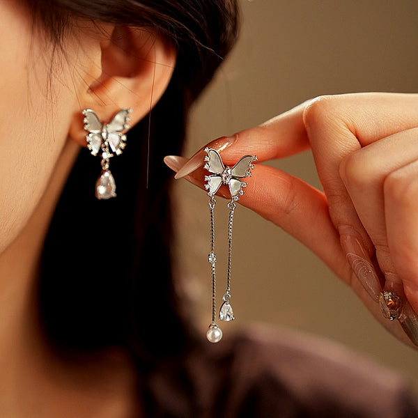 14K Gold-Plated Zircon Butterfly Tassel Earrings