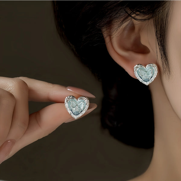 14K Gold-Plated Elegant Lake Blue Heart Butterfly Stud Earrings