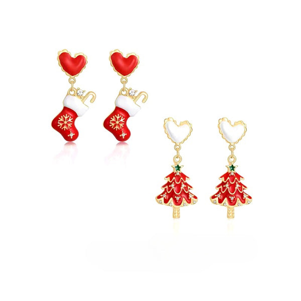 14K Gold-Plated 2025 Christmas Heart-Design Tree And Socks Earrings
