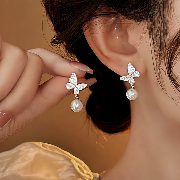 14K Gold-Plated 2025 Elegant White Butterfly Pearl Earrings