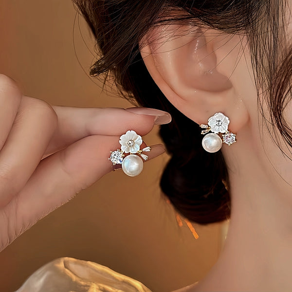 14K Gold-Plated 2025 Elegant Zircon Flower Pearl Earrings