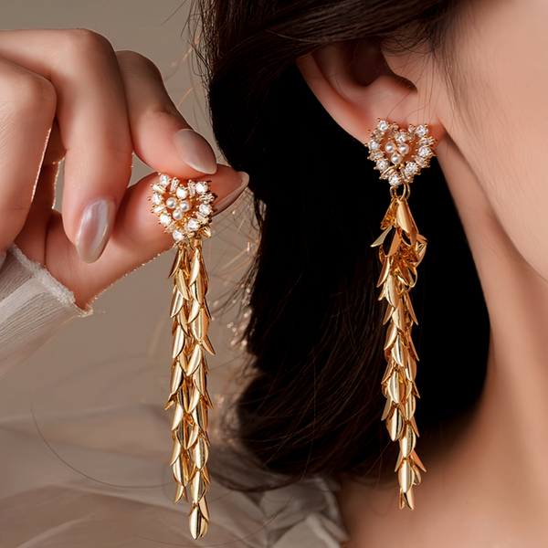 14K Gold-Plated 2025 Elegant Zircon Pearl Heart Wheat Tassel Earrings