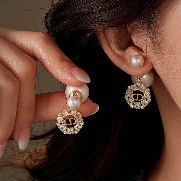 14K Gold-Plated 2025 Elegant Zircon Round Pig Nose Pearl Earrings