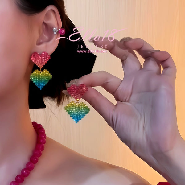 14K Gold-Plated 2025 Full Zircon Diamond Bling Bling Double-Layer Heart Earrings