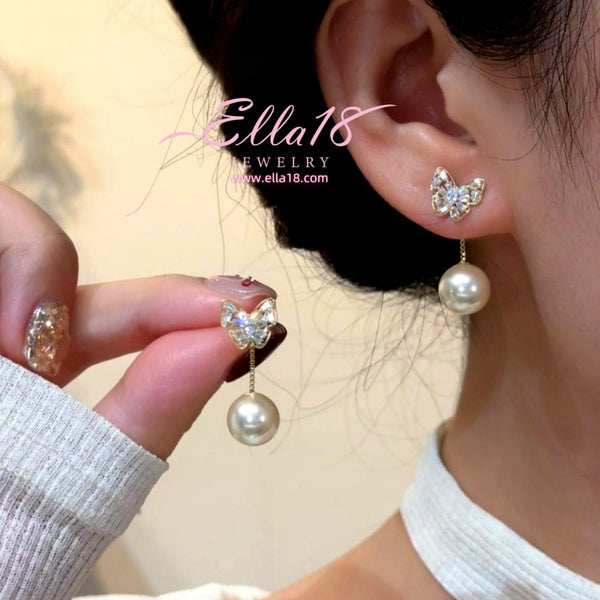 14K Gold-Plated 2025 Luxury Zircon Diamond Butterfly Pearl Earrings