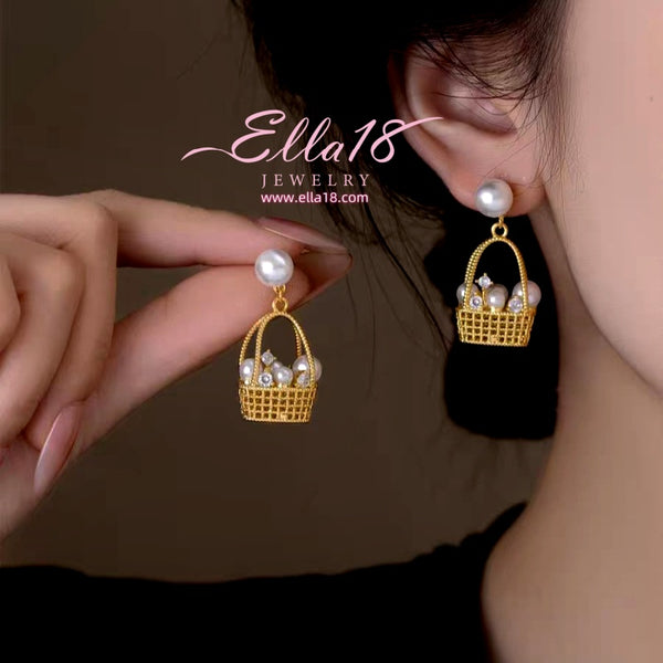 14K Gold-Plated 2025 Trendy Zircon Diamond Pearl Basket Earrings