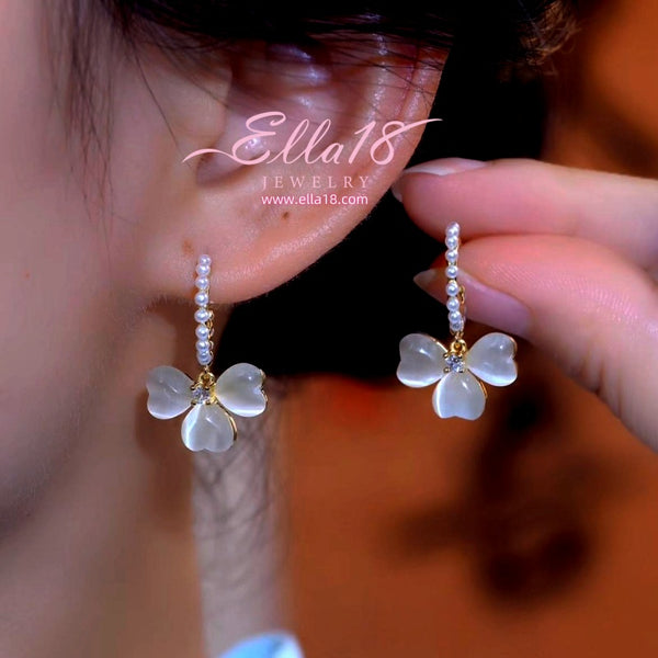 14K Gold-Plated 2025 Zircon Diamond Cat's Eye Stone Flower Pearl Earrings
