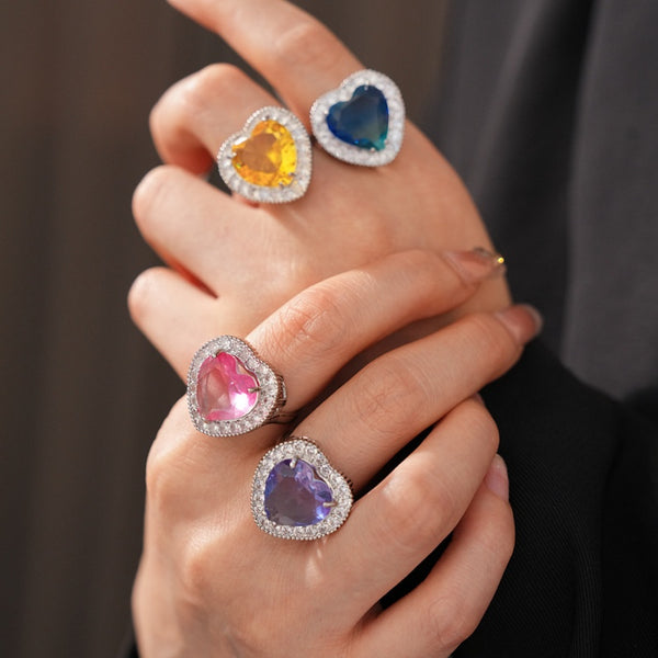 14K Gold-Plated Adjustable Zircon Diamond Heart Rings