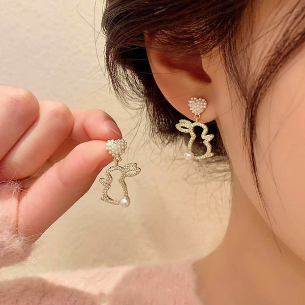 14K Gold-Plated Artificial Pearl Lovely Rabbit Earrings