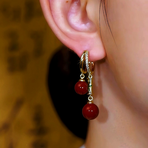 14K Gold-Plated Bamboo Red Pearl Earrings