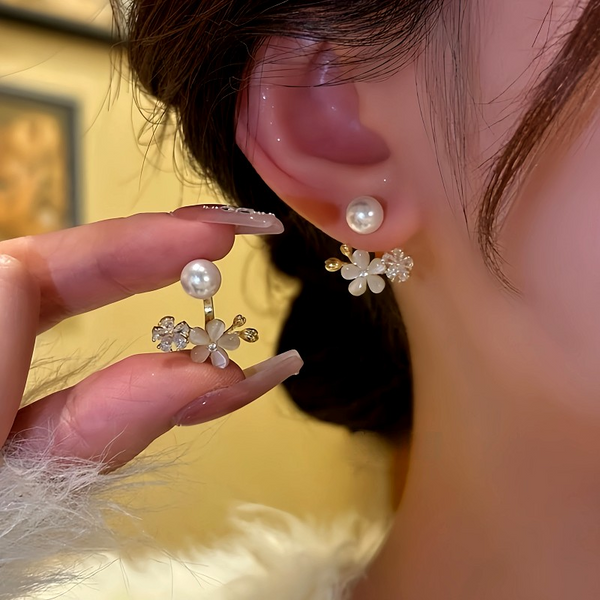 14K Gold-Plated Beads Zircon Cat's Eye Flower Jacket Earrings