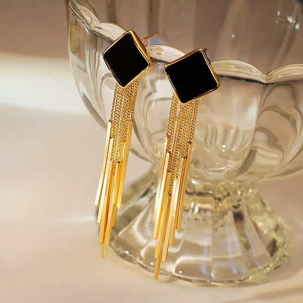 14K Gold-Plated Black And White Rhombus Long Earrings