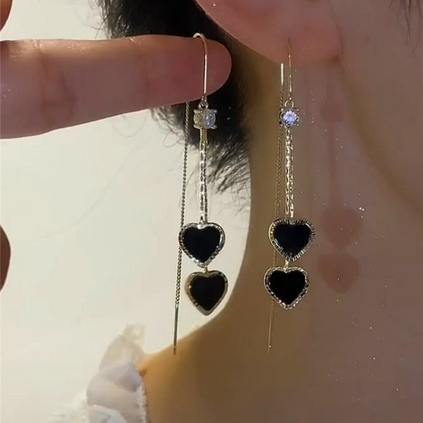 14K Gold-Plated Black Heart Tassel Threader Earrings