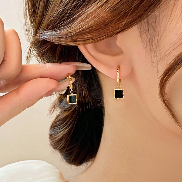 14K Gold-Plated Black Square Earrings
