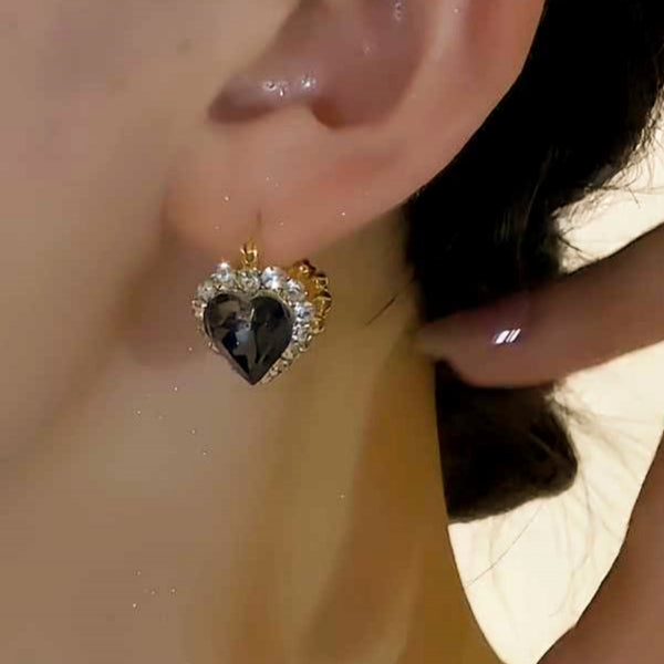 14K Gold-Plated Black Zircon Heart-Design Earrings