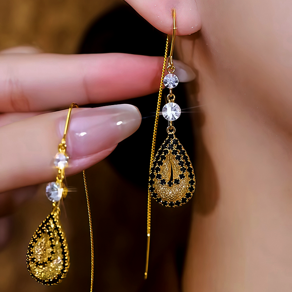 14K Gold-Plated Black Zircon Mesh Water Drop Threader Earrings