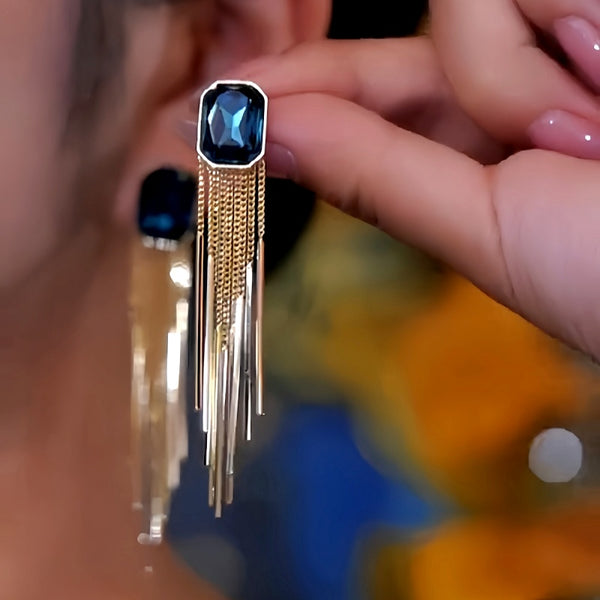 14K Gold-Plated Blue Crystal Tassel Earrings