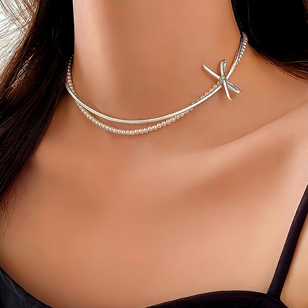 14K Gold-Plated Bow Pearl Clavicle Necklaces