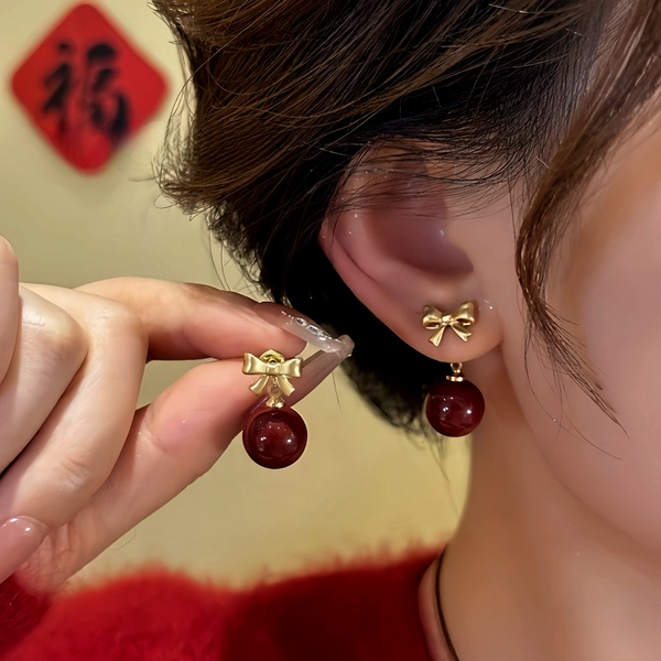 14K Gold-Plated Bow Red Bead Earrings