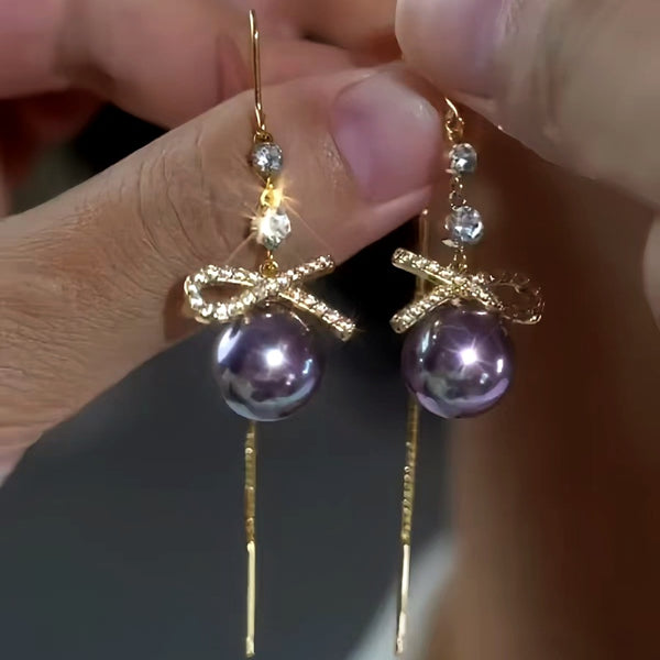 14K Gold-Plated Bowknot Purple Pearl Threader Tassel Earrings