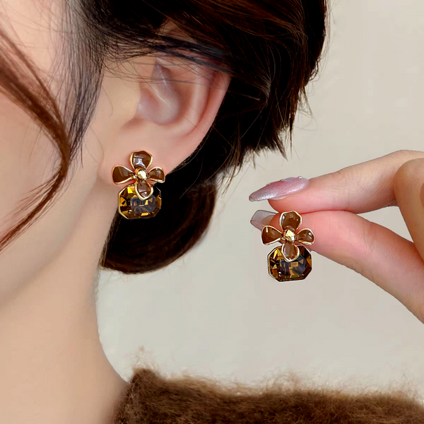 14K Gold-Plated Brown Diamond Flower Earrings