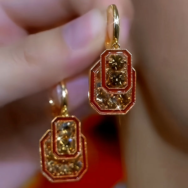 14K Gold-Plated Brown Diamond Red Retro Square Earrings