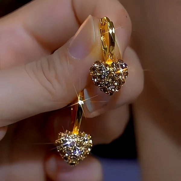 14K Gold-Plated Brown Zircon Diamond Heart Earrings