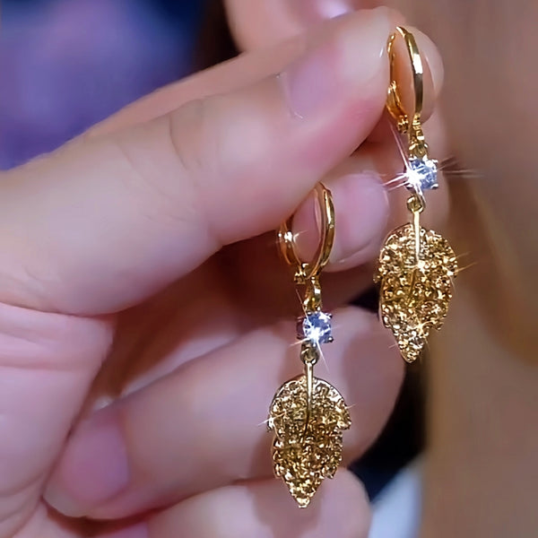 14K Gold-Plated Brown Zircon Leaf Earrings