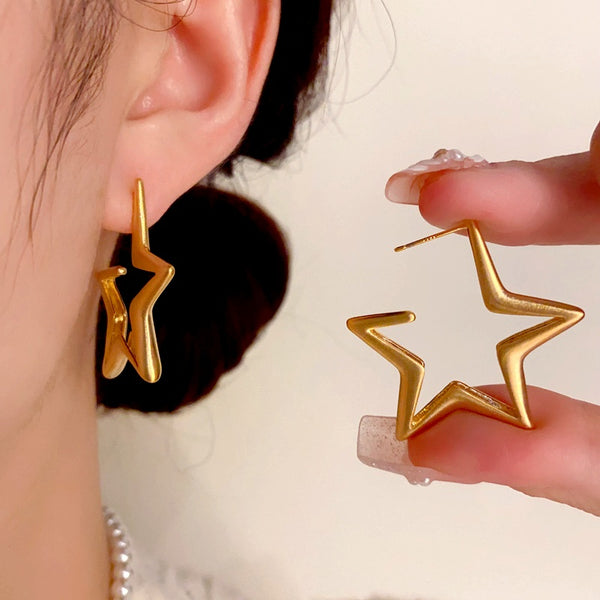 14K Gold-Plated Brushed Five-Pointed Star Earrings