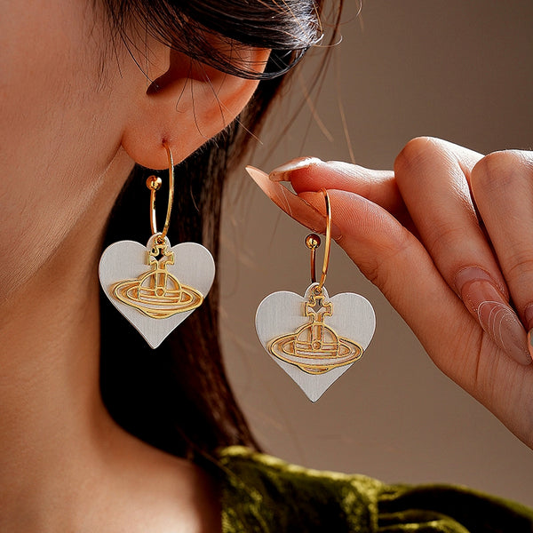 14K Gold-Plated Brushed Heart Saturn Earrings