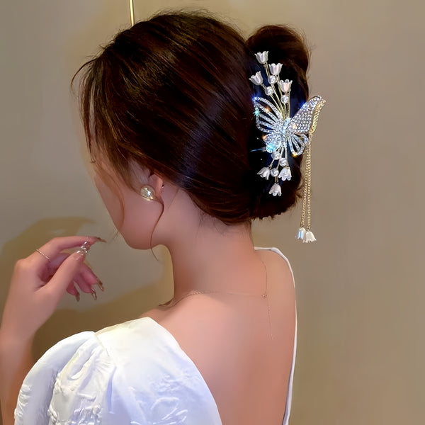 14K Gold-Plated Butterfly Flower Tassel Hair Clip