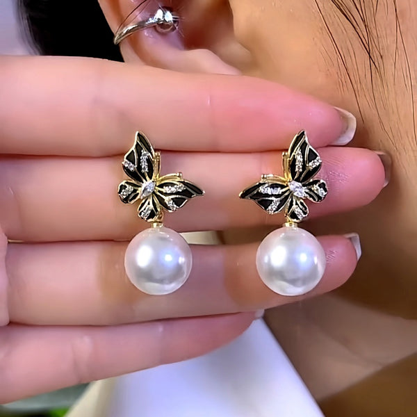 14K Gold-Plated Butterfly Pearl Earrings