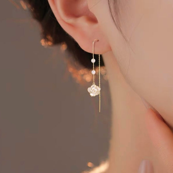 14K Gold-Plated Camellia Pearl Threader Earrings