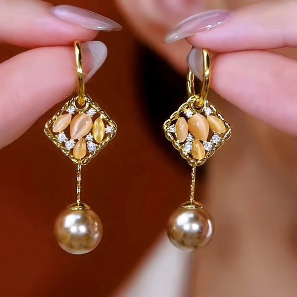 14K Gold-Plated Cat's Eye Geometric Tassel Champagne Bead Earrings