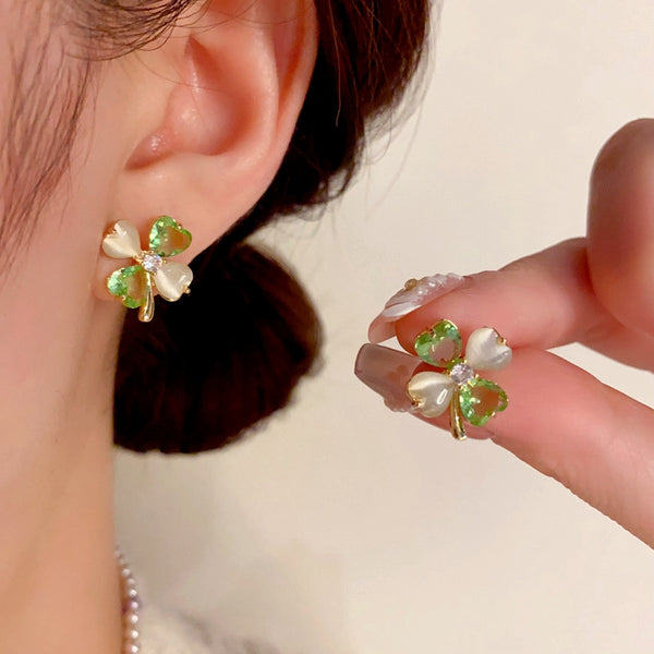 14K Gold-Plated Cat's Eye Green Four-Leaf Flower Earrings