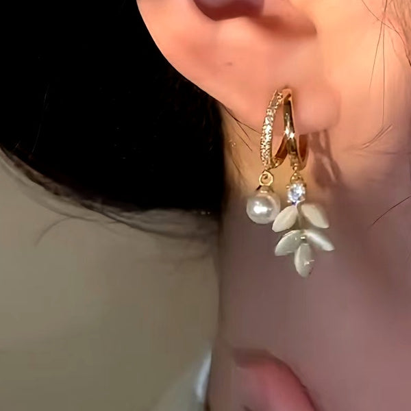 14K Gold-Plated Cat's Eye Leaf Pearl Earrings