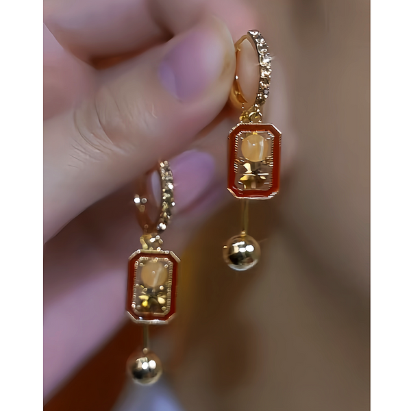 14K Gold-Plated Cat's Eye Stone Brown Diamond Cube Earrings