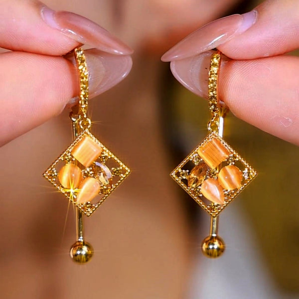 14K Gold-Plated Cat's Eye Stone Diamond Water Drop Earrings