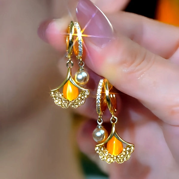 14K Gold-Plated Cat's Eye Stone Ginkgo Leaf Earrings