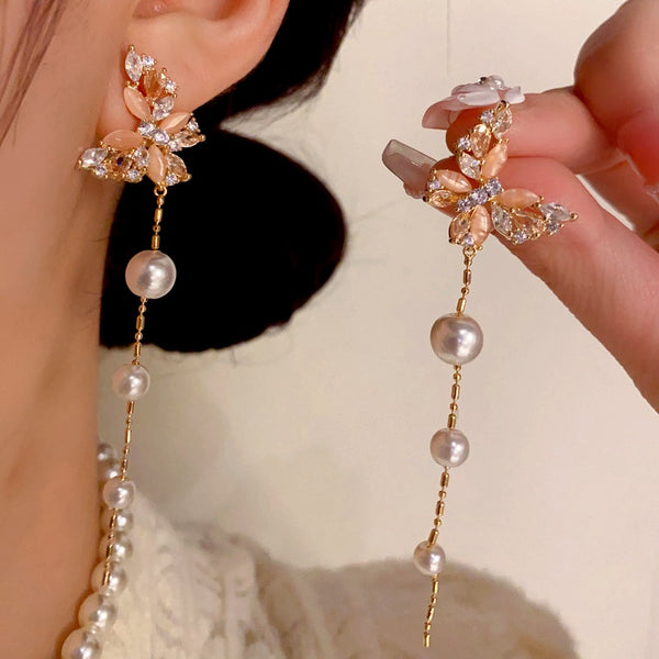 14K Gold-Plated Cat's Eye Stone Zircon Butterfly Pearl Tassel Earrings