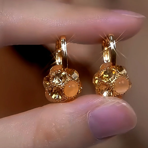 14K Gold-Plated Cat's Eye Stone Zircon Diamond Ball Earrings