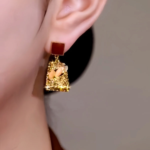 14K Gold-Plated Cat's Eye Stone Zircon Diamond Cube Earrings